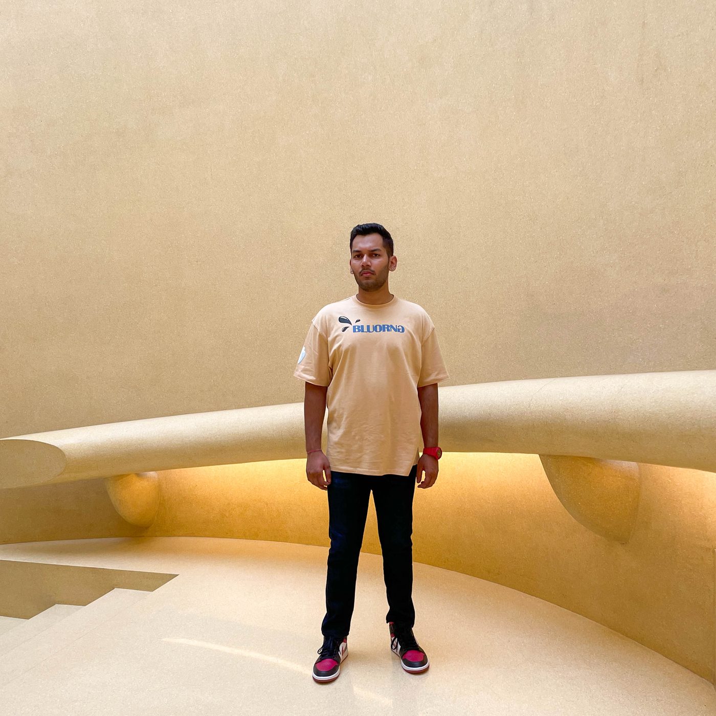 In a curved concrete gallery
