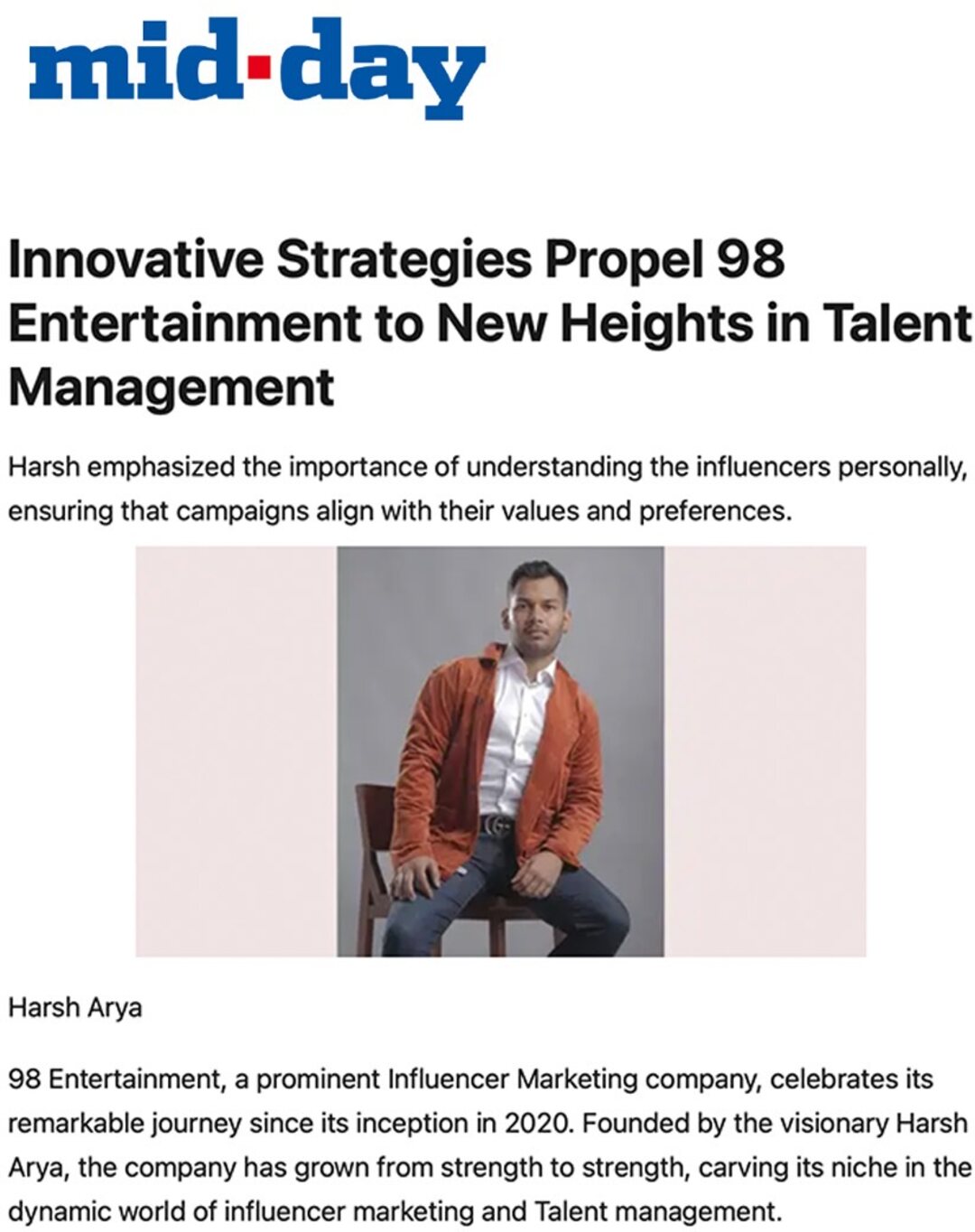 Mid-day — Innovative Strategies Propel 98 Entertainment to New Heights in Talent Management