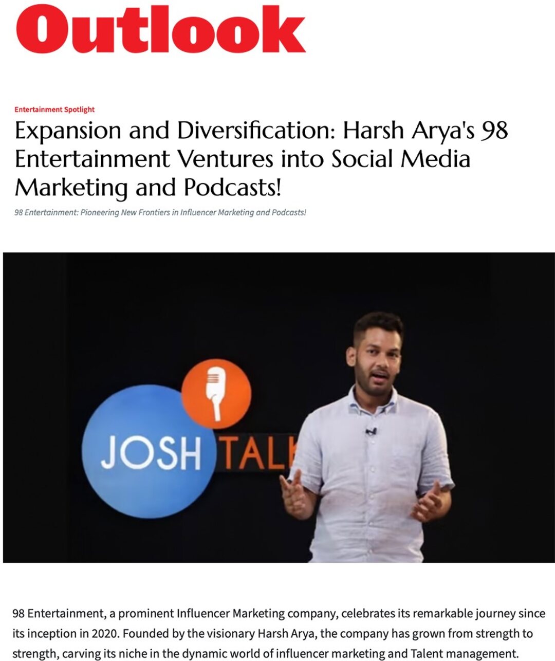 Outlook — Expansion and Diversification: Harsh Arya's 98 Entertainment ventures into Social Media Marketing and Podcasts