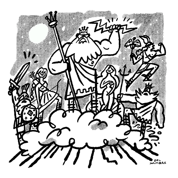 Cartoon of ancient gods on a cloud, one hurling lightning