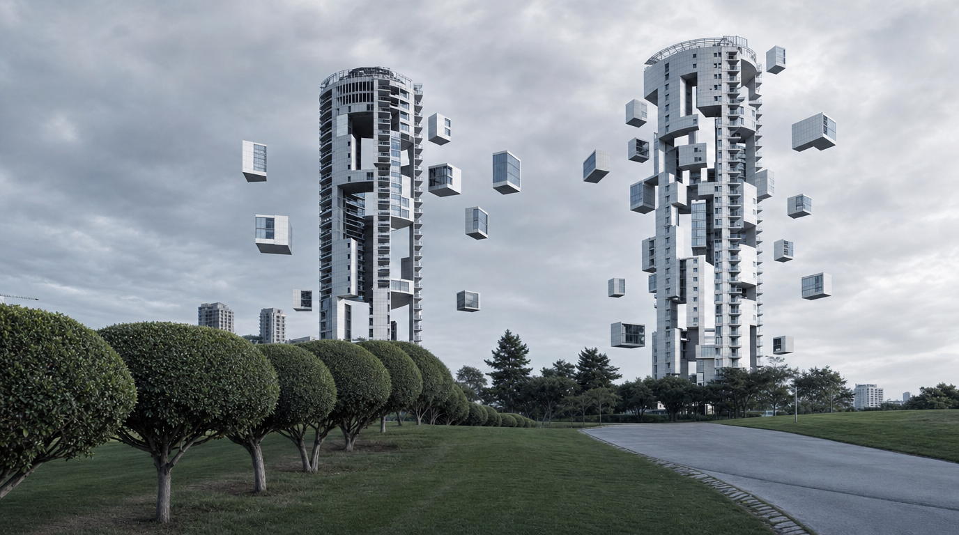 Photomontage: two high-rise towers with apartment cubes floating loose around them, above trimmed lawns and a grey sky.
