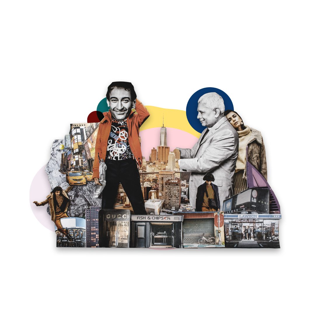 Collage of city streets: a smiling man in an orange jacket striding over a skyline, an older man gesturing, Gucci and Fish & Chips and Lawson storefronts, yellow taxis