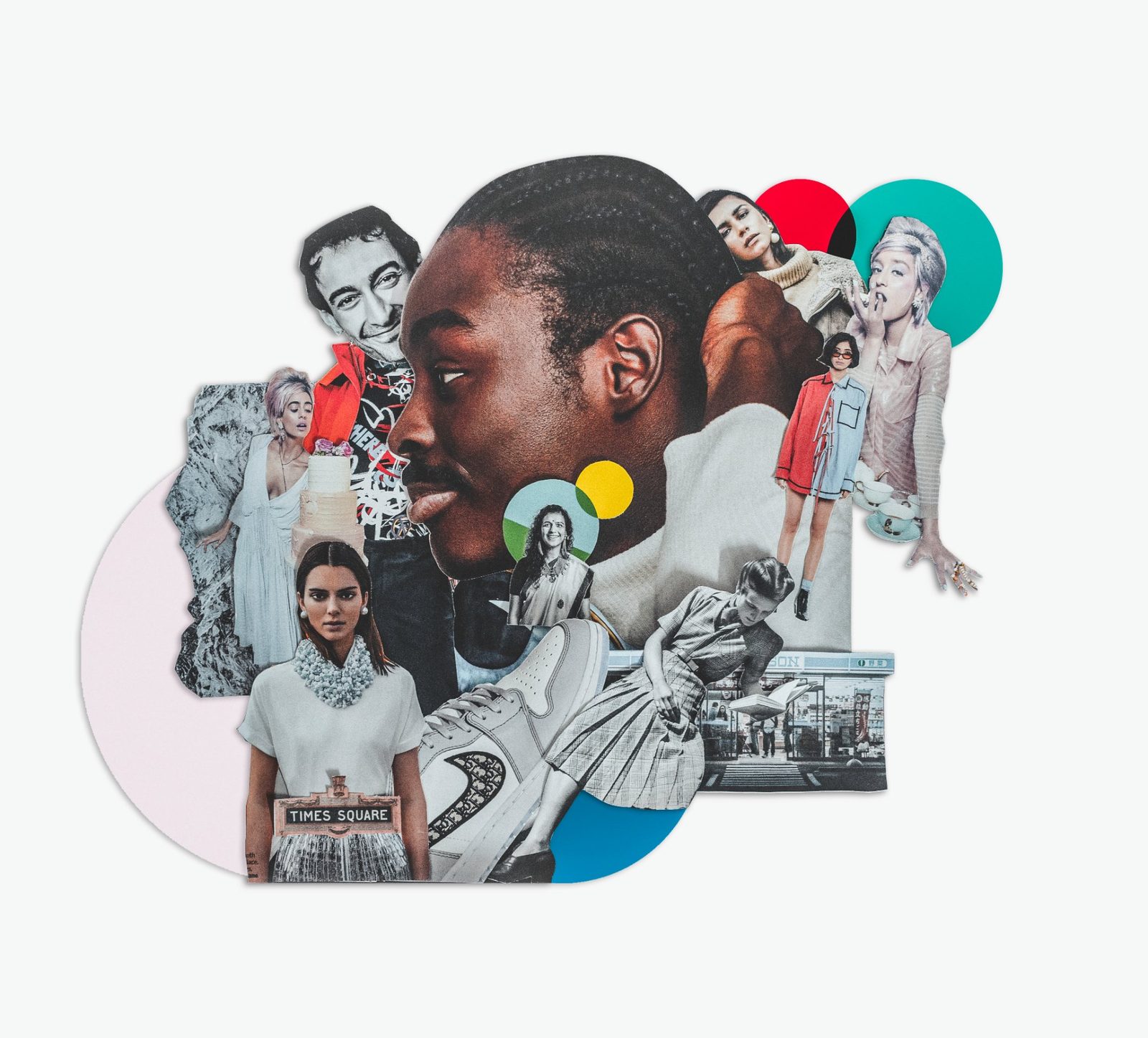 Collage around a large side profile of a man with cornrows in a white turtleneck; a Dior x Air Jordan sneaker, a Times Square sign, a wedding-cake figure, a Tokyo storefront and bright paper circles surround him