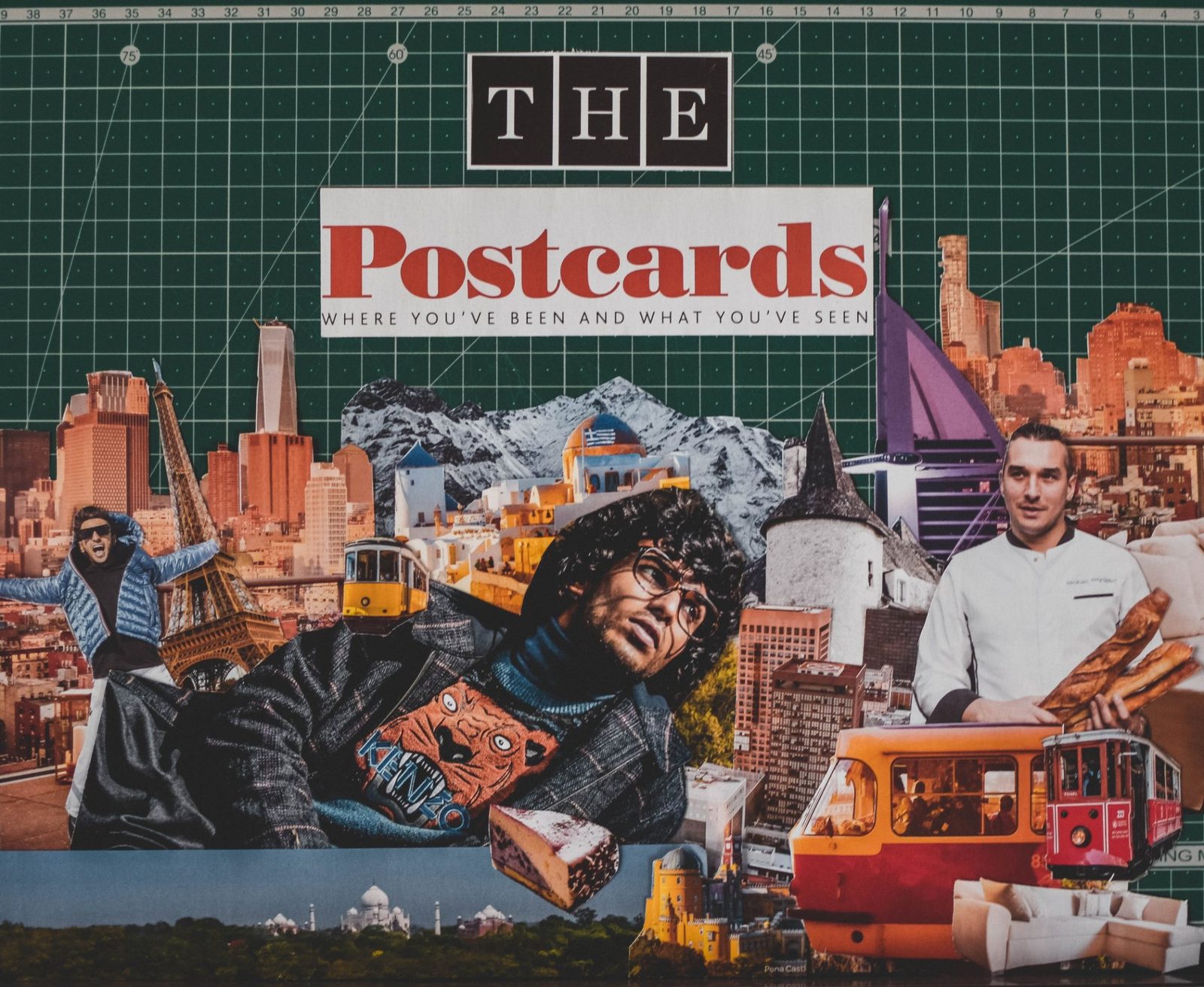 The Postcards arrangement in progress on the green cutting mat