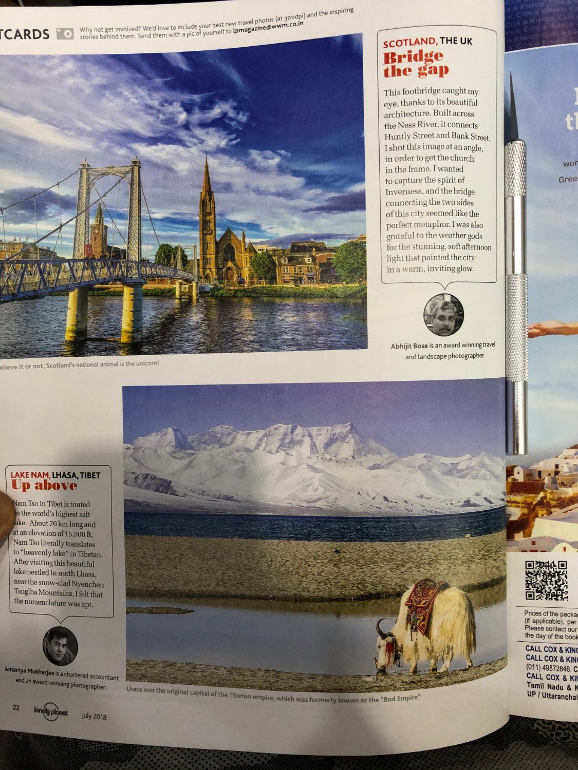 Lonely Planet magazine, July 2018, the Postcards reader section: a footbridge in Inverness and a yak beside Lake Nam in Tibet